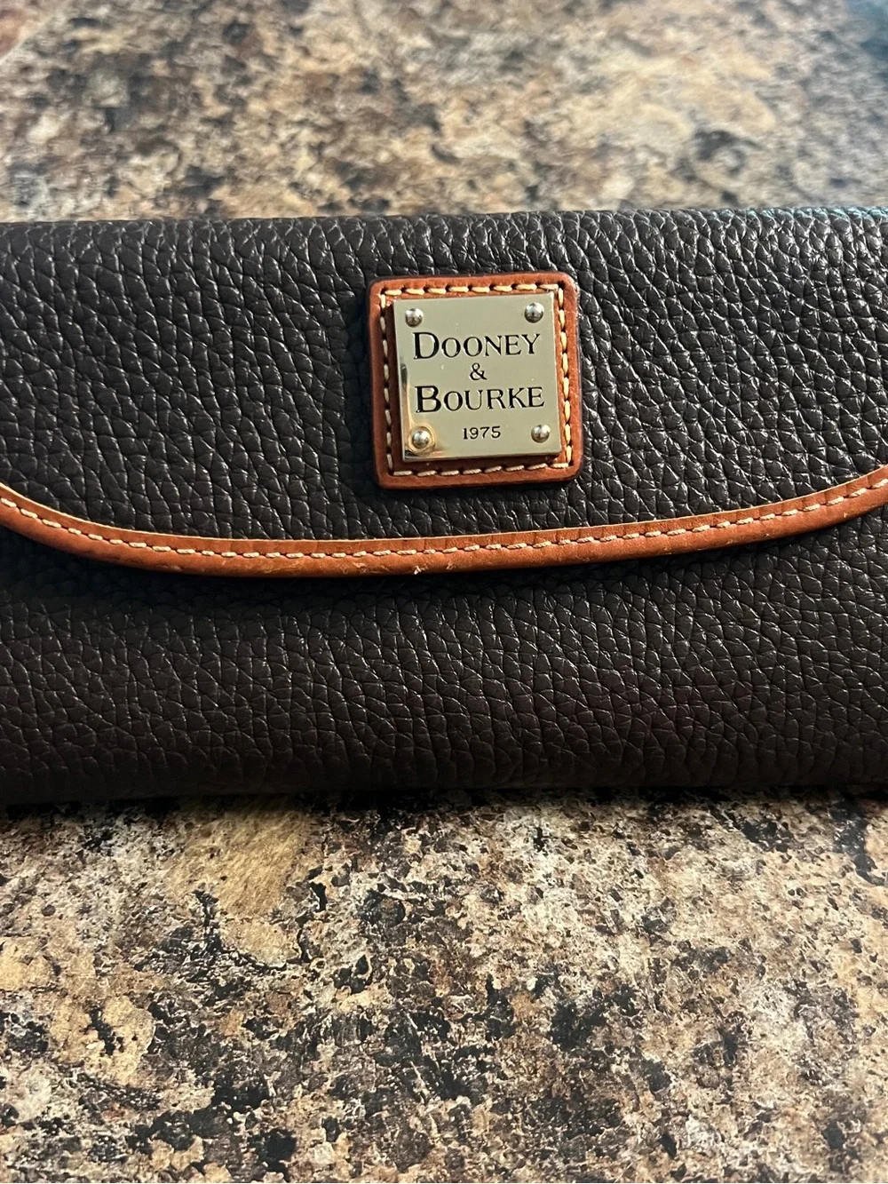 Dooney & Bourke Dark Brown Pebbled Leather Wallet with Tan Trim